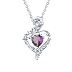 New Rose & Heart Shape Inlaid Shiny Zircon Elegant February Birthstone Necklace
